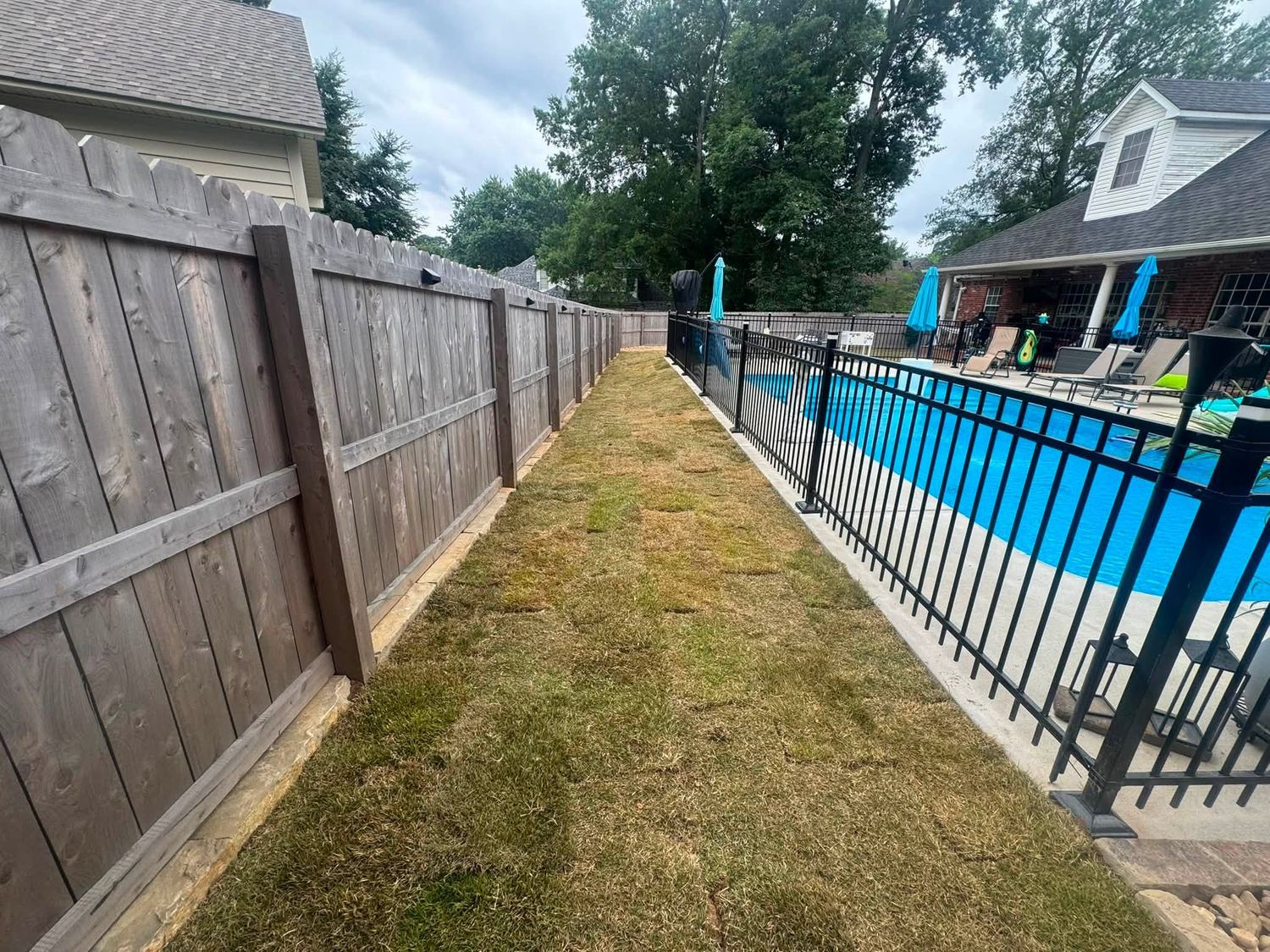 The same strip filled in with fresh green sod